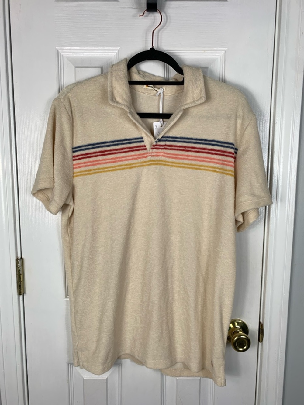 Marine Layer Cream Short-Sleeve Polo with Multicolor Chest Stripes